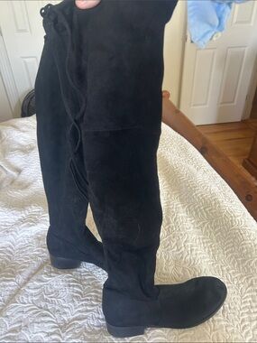 Zara Black faux suede pull on Boots with lace detail and lower heel